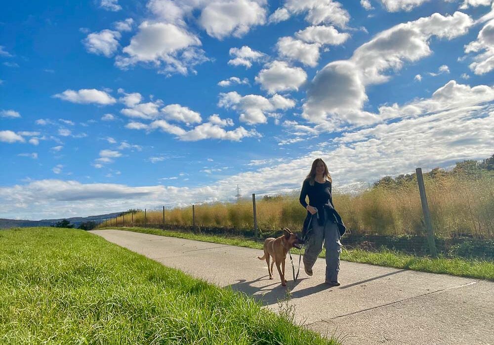 Spazieren mit Hund ohne Stress bei Hundebegegnungen. Claudia D. Lang mit Mischlingshund Thor aus Brasilien. 2024